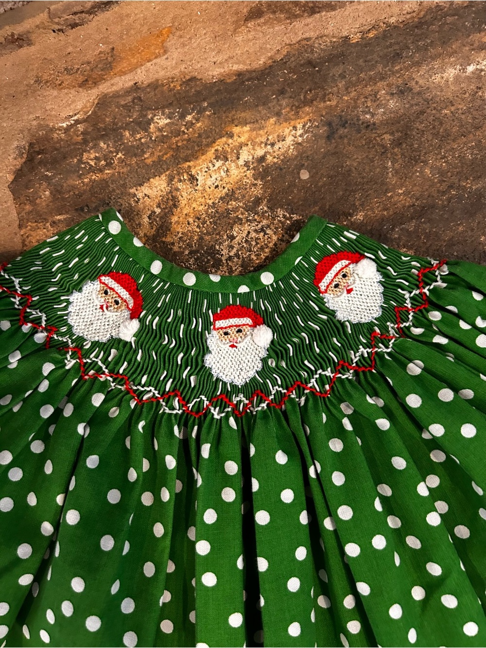 Classic Green Polka Dot Santa Smocked Girls Christmas Dress Silly Goose Brand